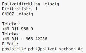 The Impressum served from the seized domain: Polizeidirektion Leipzig, Dimitroffstrasse 1, 04107 Leipzig, with telephone, fax and email address.