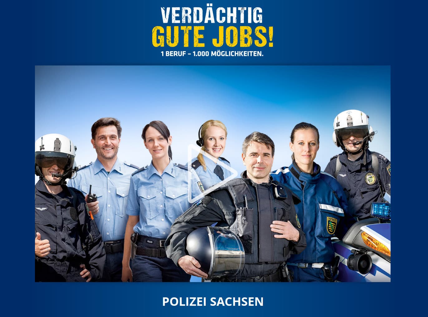 Polizei Sachsen recruitment advertisement served from the seized shiny-flakes.to domain: the headline VERDACHTIG GUTE JOBS above a photograph of seven uniformed officers.